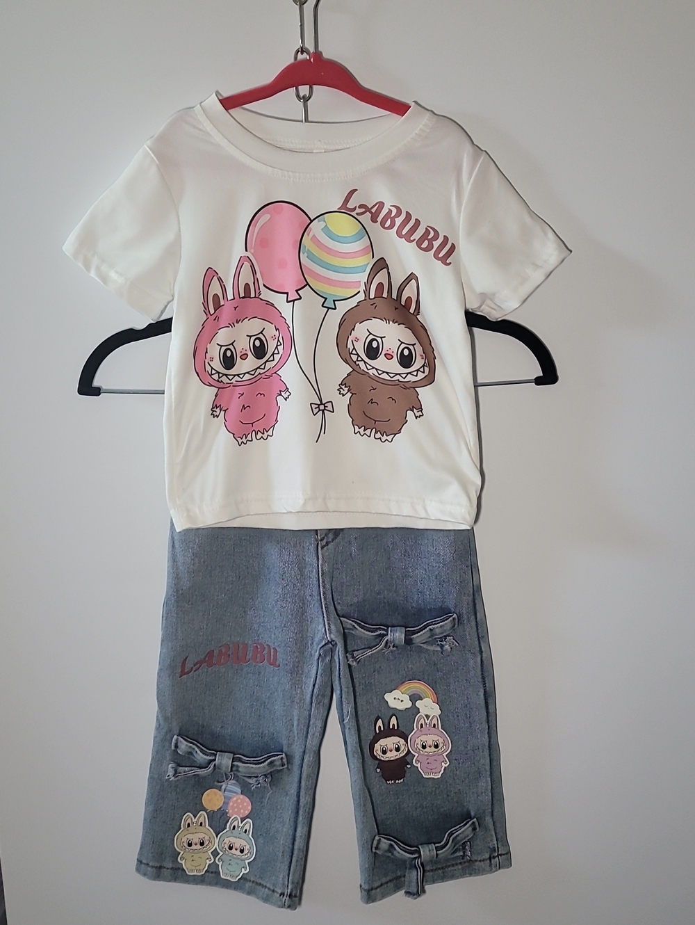 Labubu Kids White & Denim Matching Set - Pink & Brown Character Tee and Jeans
